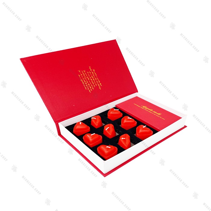 جعبه شمع کادوئی 9 عددی قلب و لب قرمز