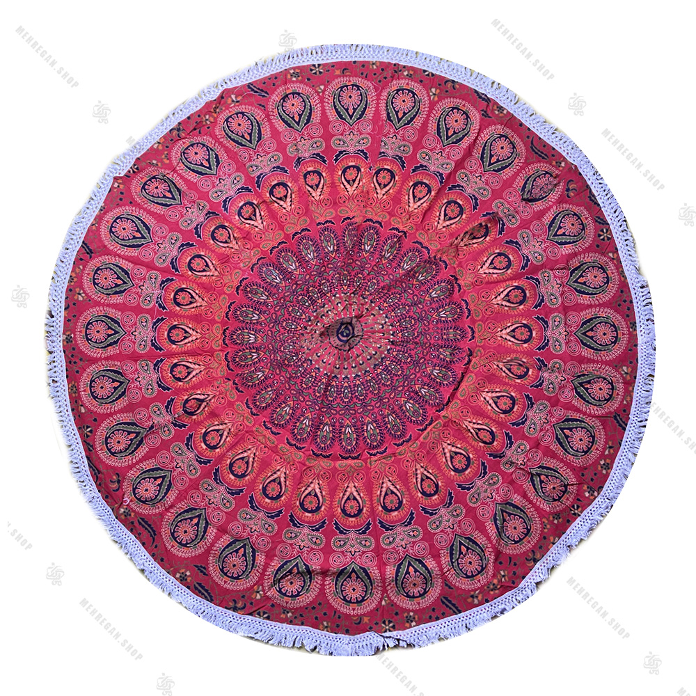 رومیزی دایره ای ماندلا طرح بته جقه قرمز